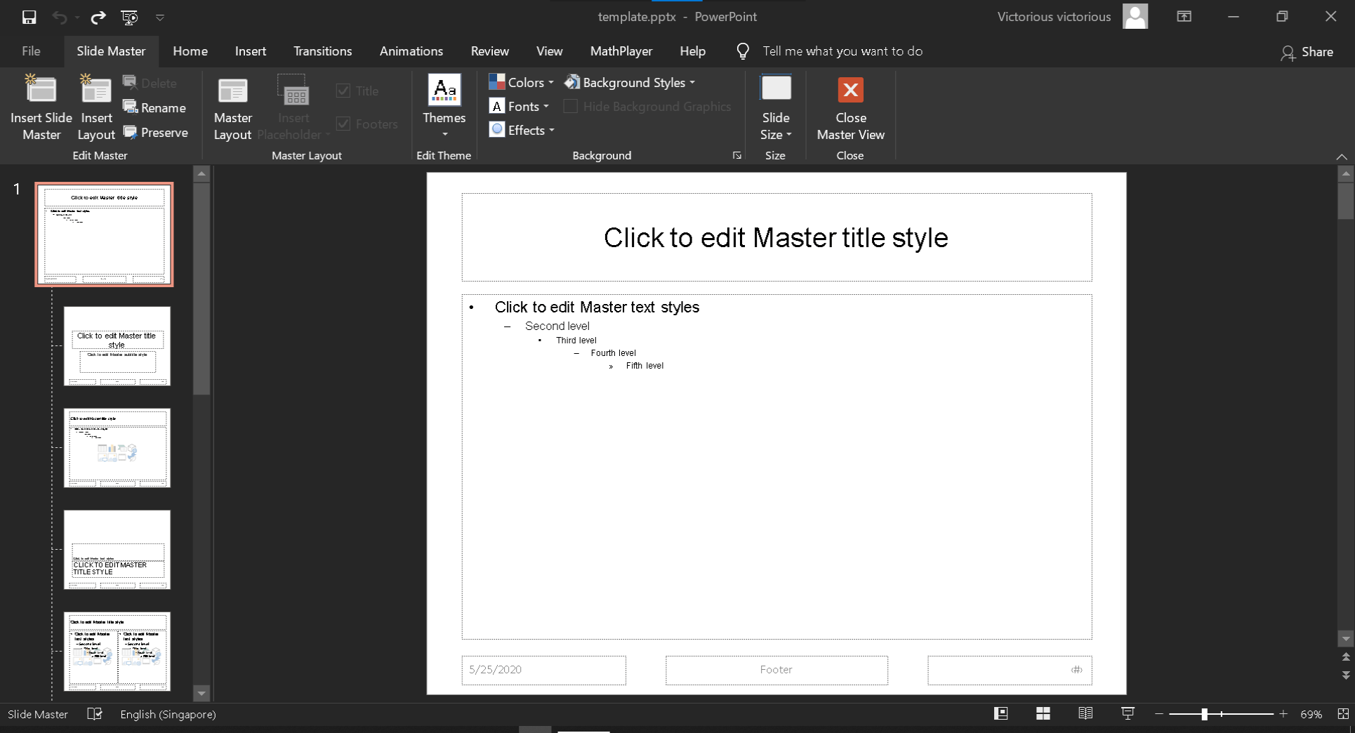 The Slide Master for our sprint review slides, which lets you adjust formatting for slide titles and text in list levels 1 through 6